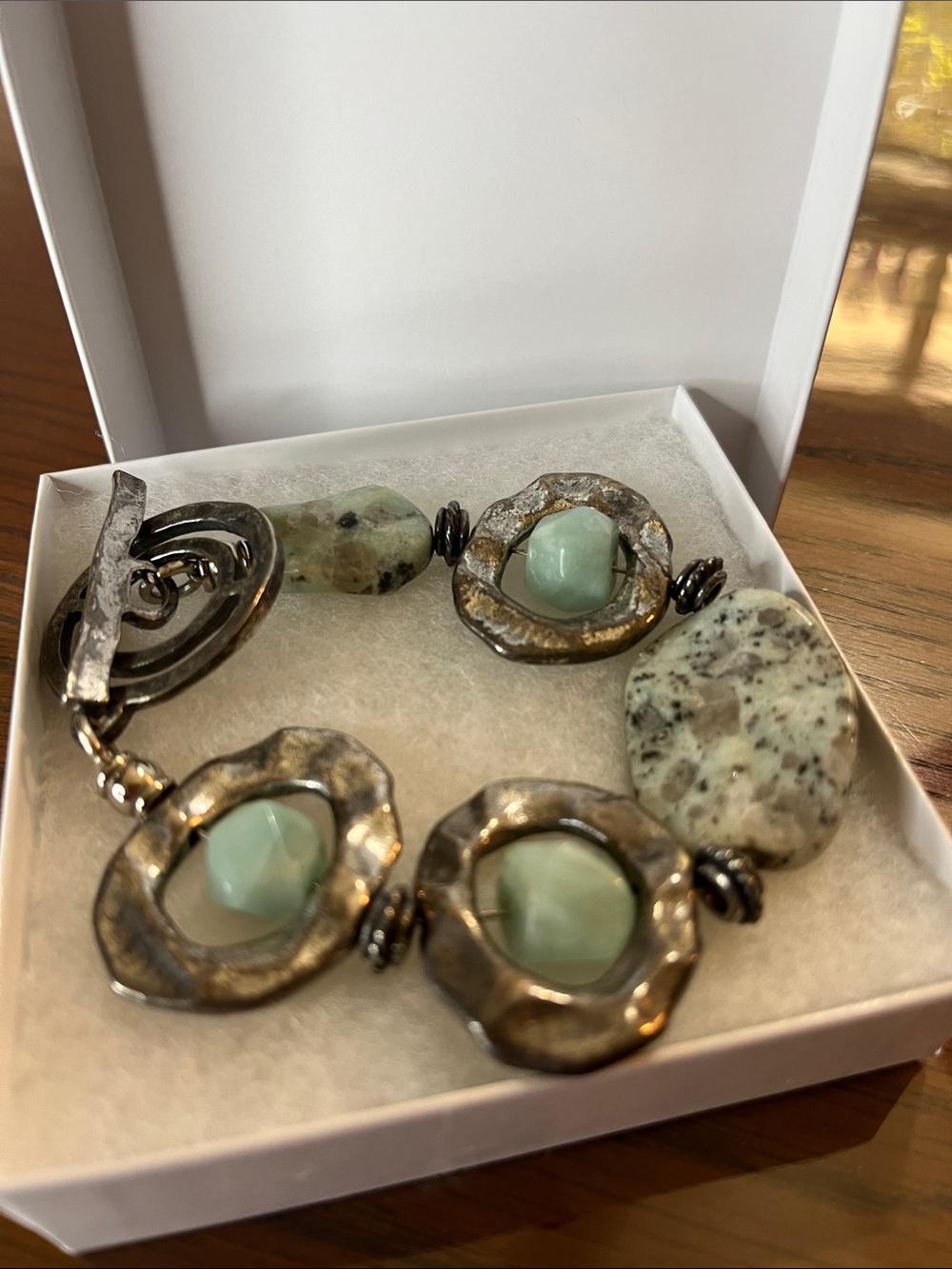 Mint Green Stone and Silver-Tone Link Bracelet